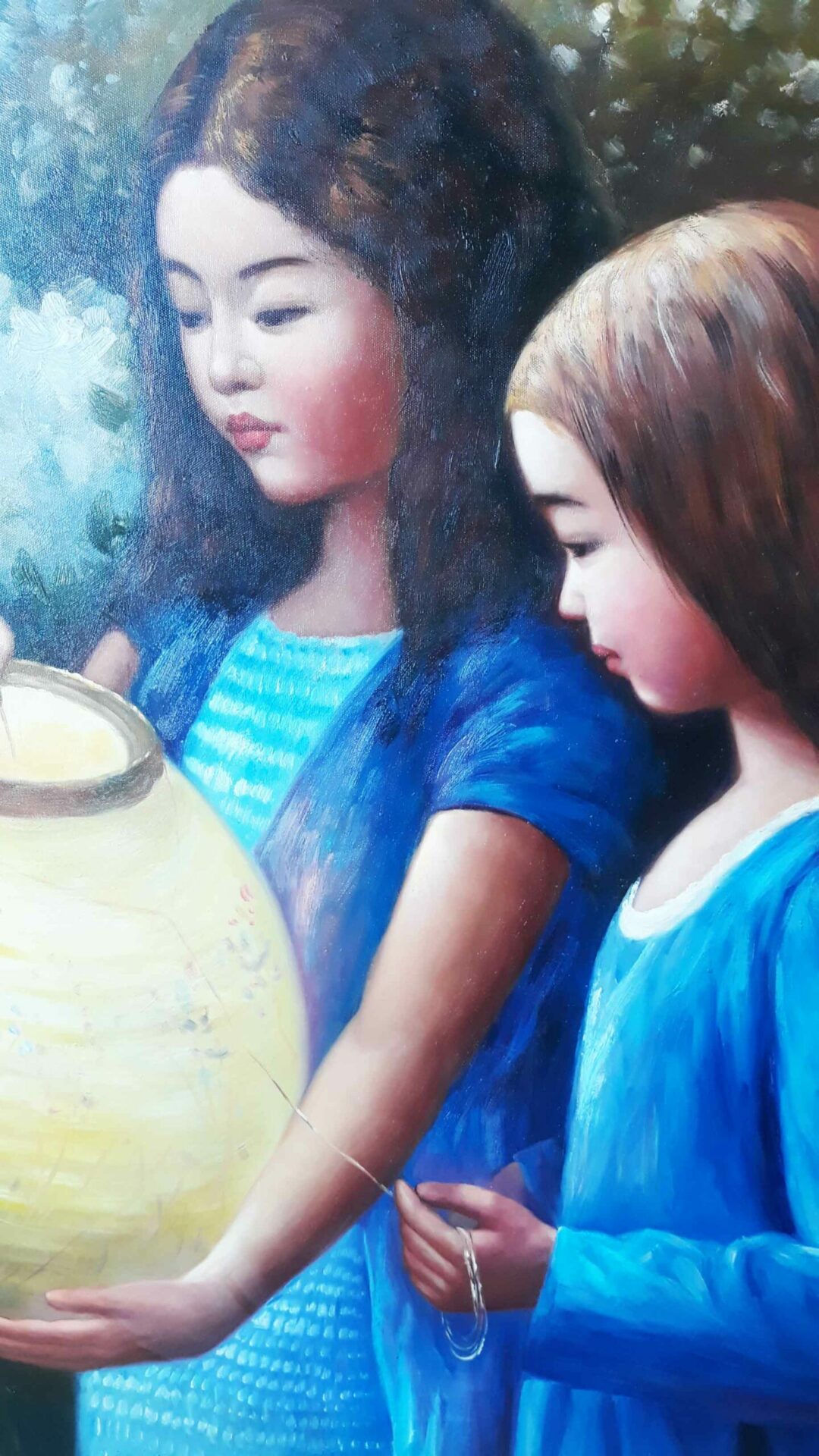 #108 - Two Girls with Lantern - Oil Painting, Hand Painted - Image 3