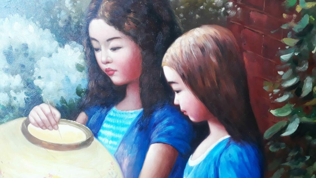 #108 - Two Girls with Lantern - Oil Painting, Hand Painted - Image 5