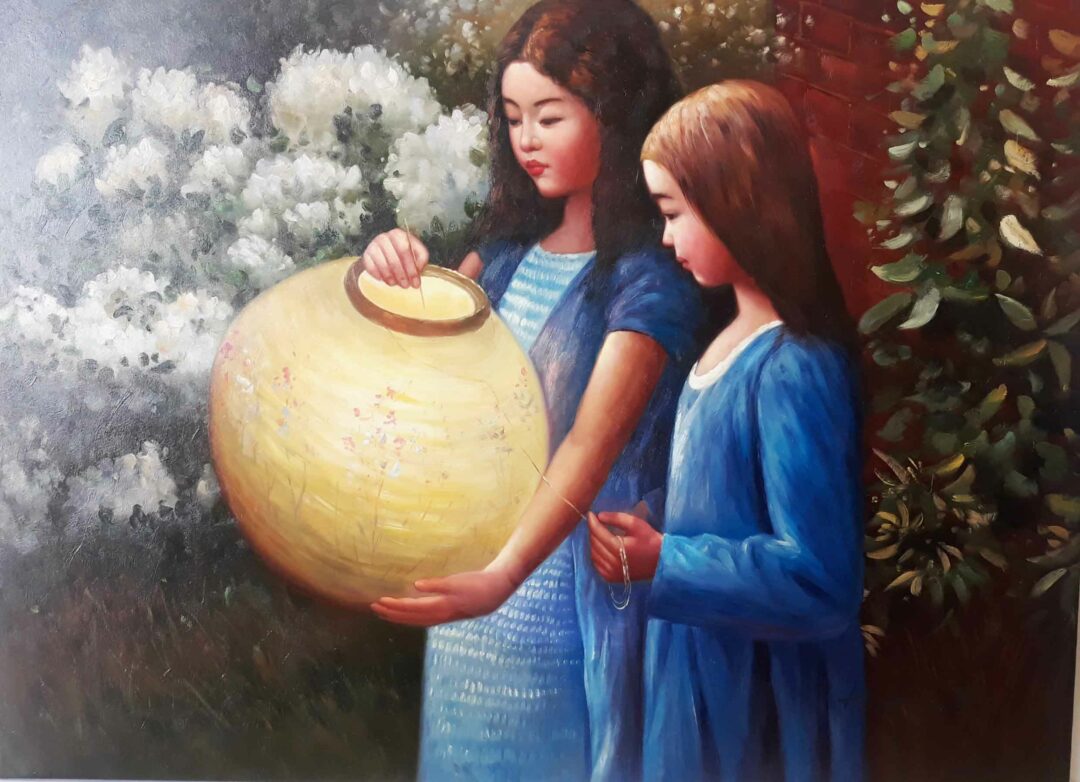 #108 - Two Girls with Lantern - Oil Painting, Hand Painted