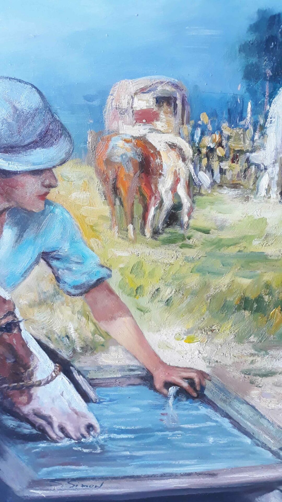 #153 - 3 VILLAGE FARM HORSES - Oil Painting - Image 3