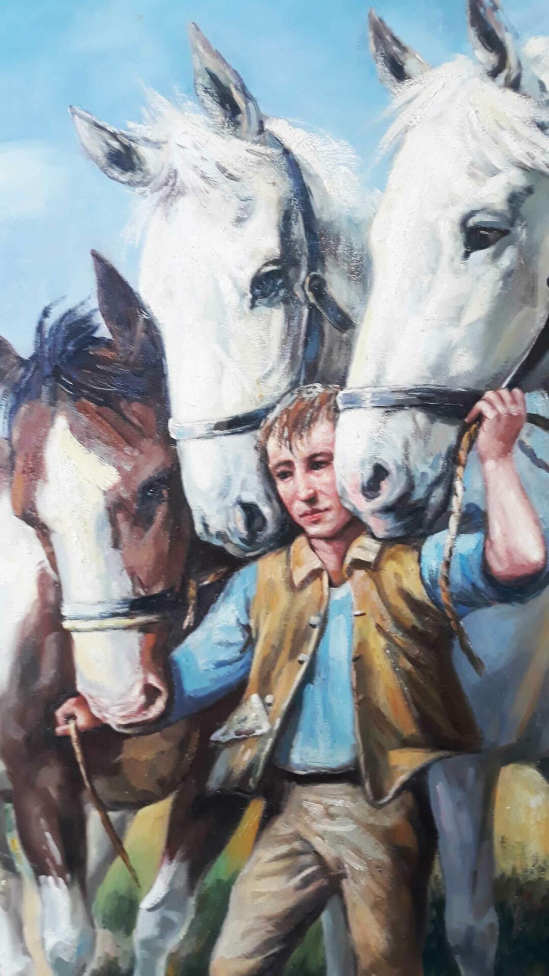 #153 - 3 VILLAGE FARM HORSES - Oil Painting - Image 4