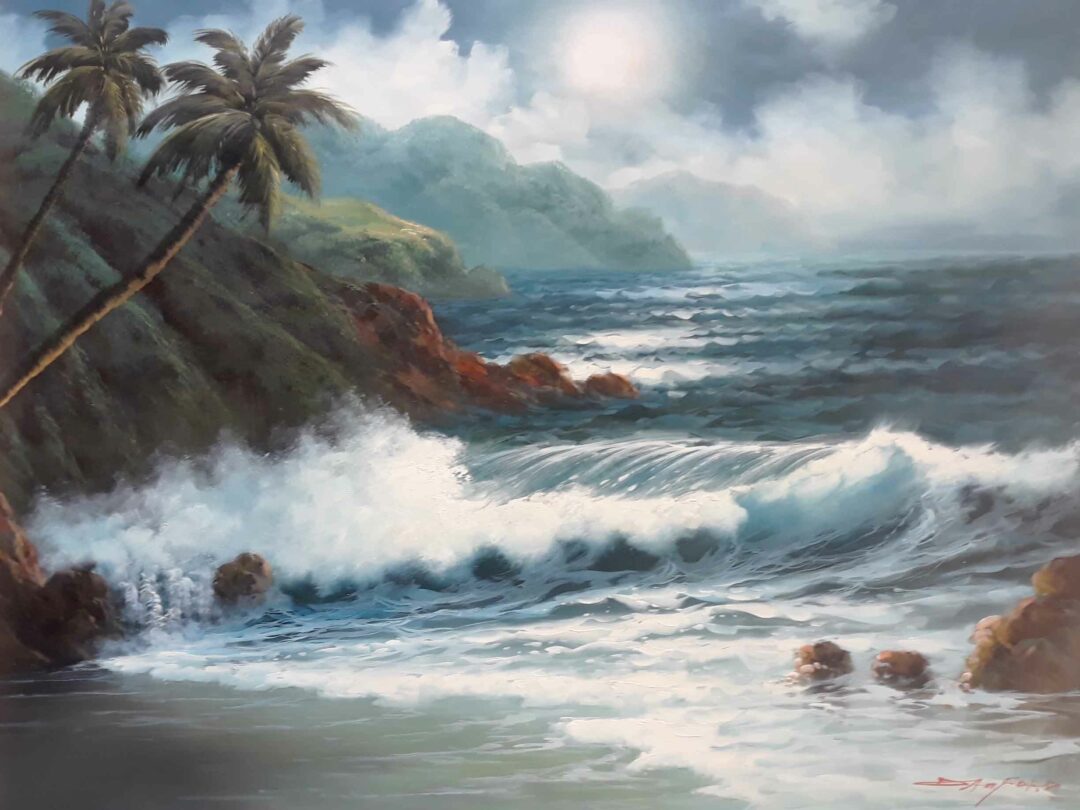 #250 - OCEAN WITH PALM TREES, CLOUDY - Oil Painting