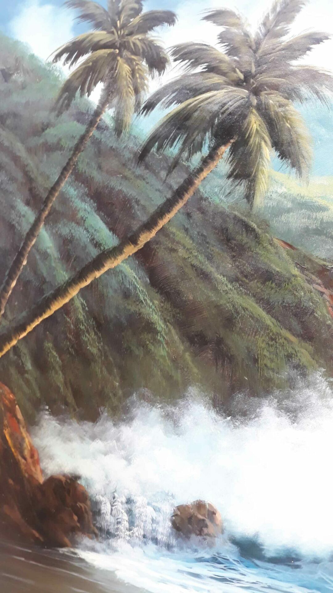 #250 - OCEAN WITH PALM TREES, CLOUDY - Oil Painting - Image 2