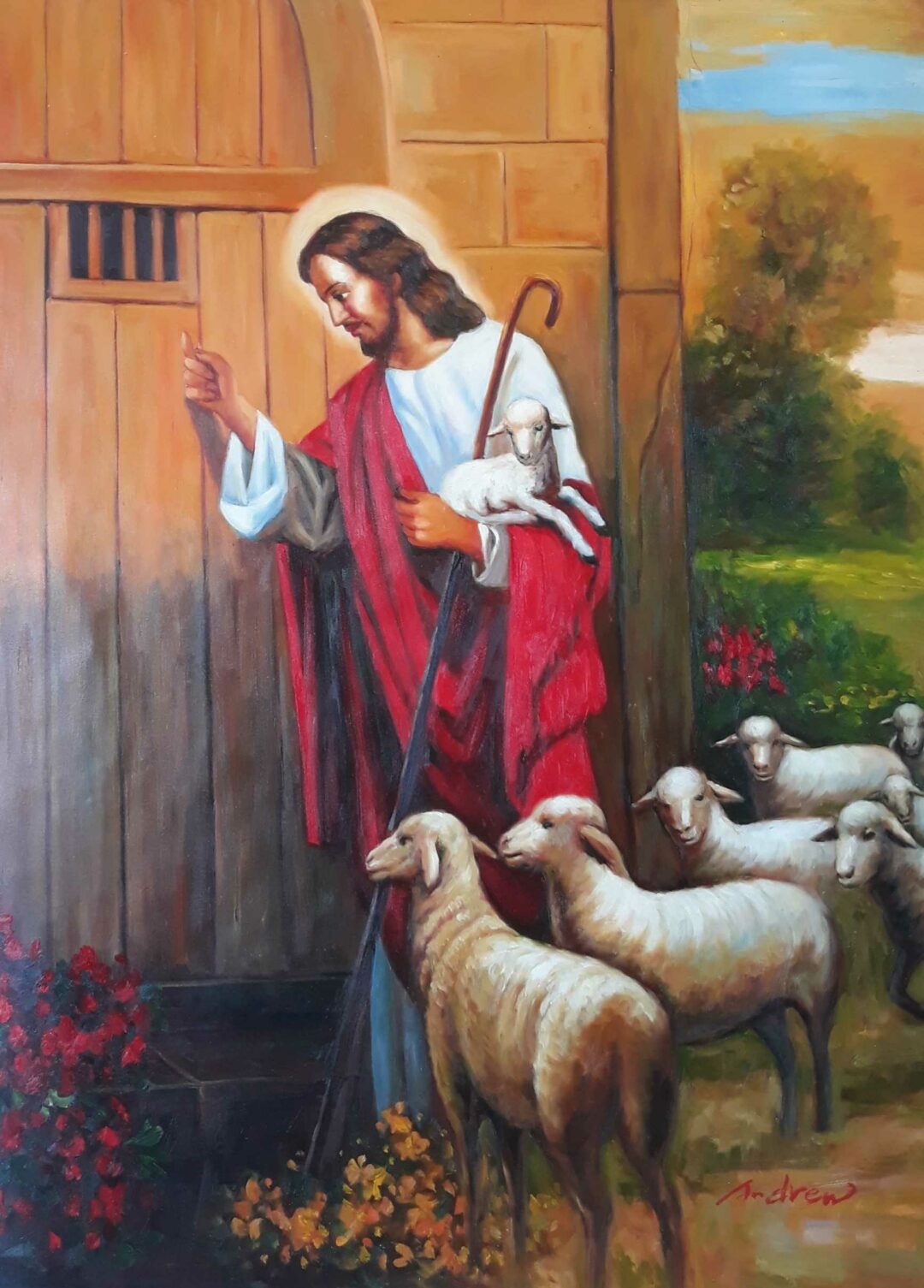 #312 - JESUS WITH SHEEP - Oil Painting