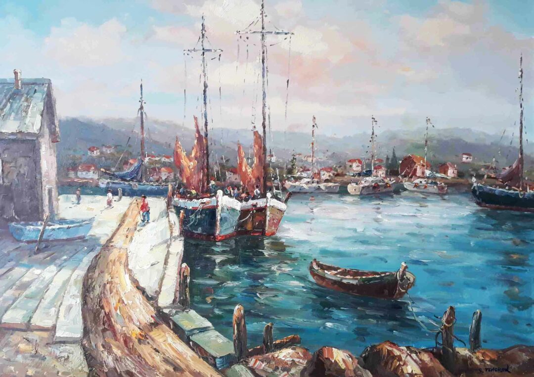 #377 - BOATS AT A PORT - Oil Painting