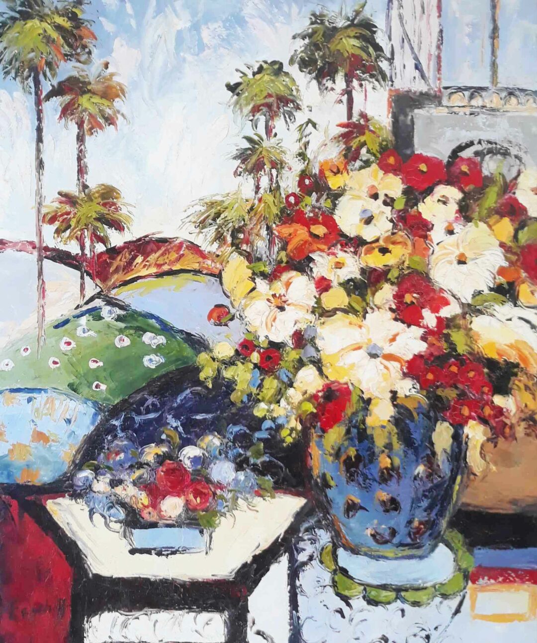 #454 - FLOWERS AND PALMTREES - Oil Painting