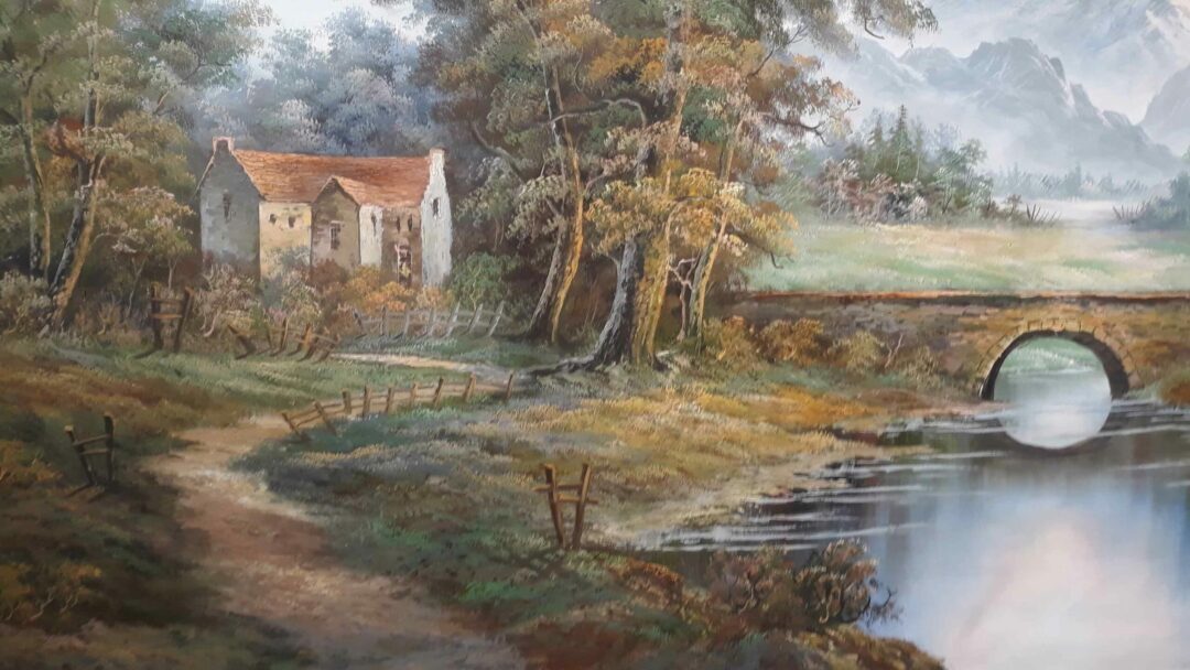 #798 - LANDSCAPE, HOUSE,  RIVER & BRIDG - Oil Painting - Image 4