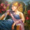 #966 - A BLOND WOMAN SEATING, BLUE DRESS - Oil Painting