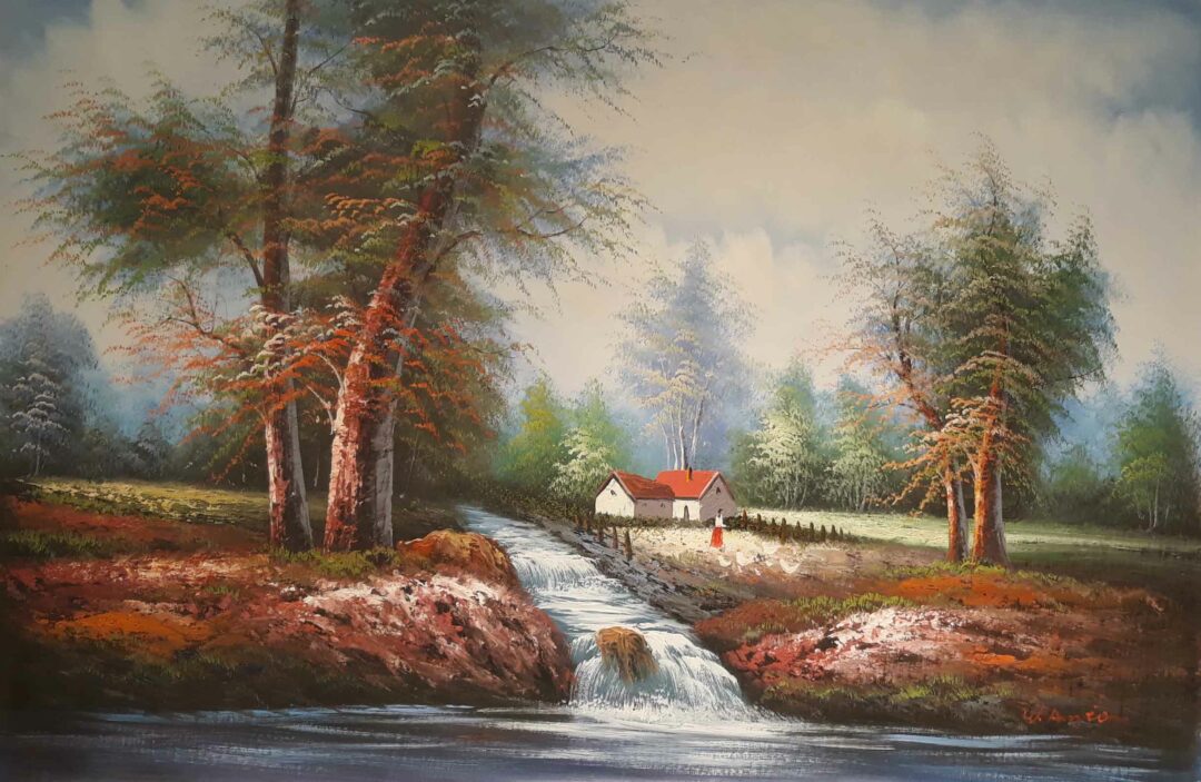 #920 - LANDSCAPE, RIVER, CABIN - Oil Painting