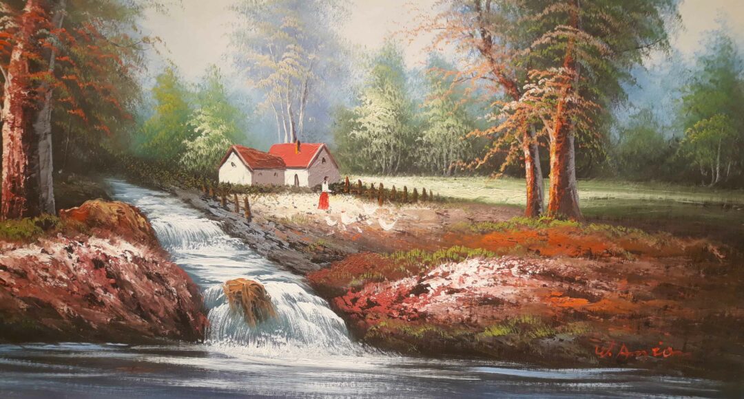 #920 - LANDSCAPE, RIVER, CABIN - Oil Painting - Image 6