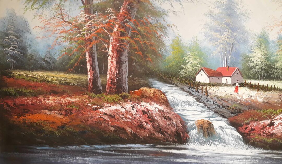 #920 - LANDSCAPE, RIVER, CABIN - Oil Painting - Image 2